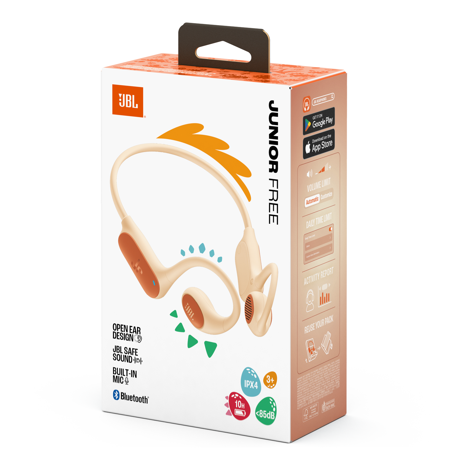 JBL Junior Free Kopfhörerbox. Weiße Box mit orangefarbenen Akzenten. Zeigt Kopfhörer, App-Symbole und Funktionen.