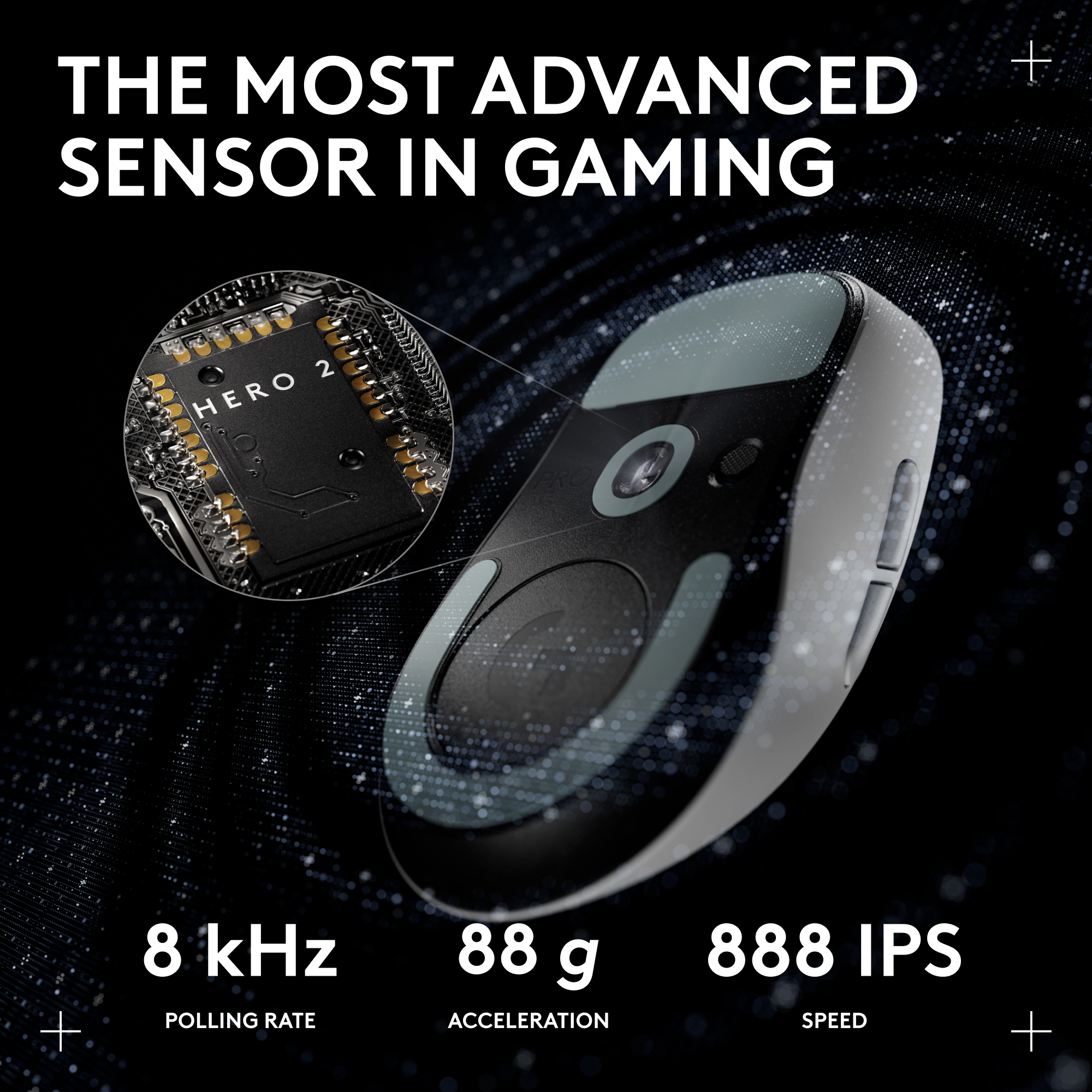 Gaming-Maus mit dem Text 'DER FORTSCHRITTLICHSTE SENSOR IM GAMING', mit 8 kHz, 88 g und 888 IPS-Spezifikationen.