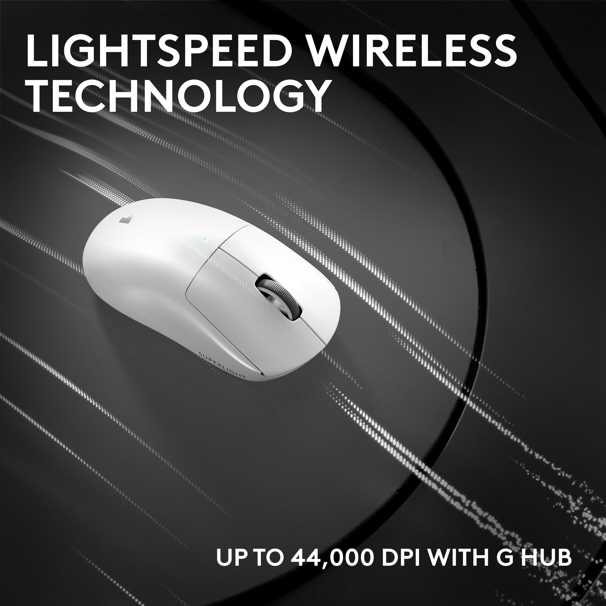 Weiße, kabellose Maus auf dunkler Oberfläche. Der Text lautet 'LIGHTSPEED WIRELESS TECHNOLOGY' und 'UP TO 44,000 DPI WITH G HUB'.