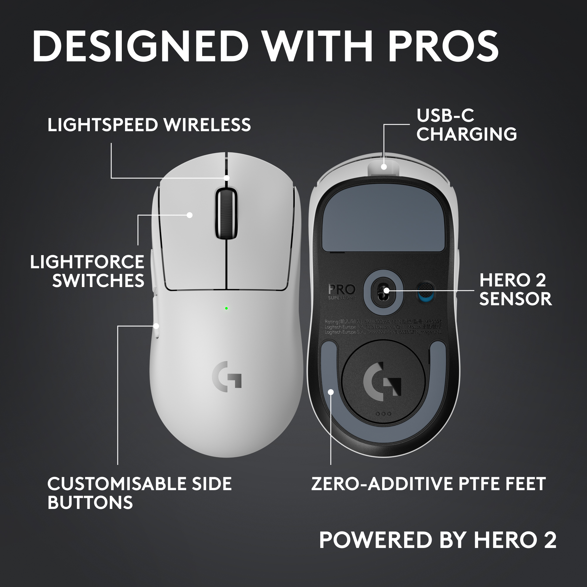 Das Bild zeigt eine weiße Gaming-Maus mit Funktionen wie Lightspeed Wireless, Hero 2 Sensor und anpassbaren Tasten.