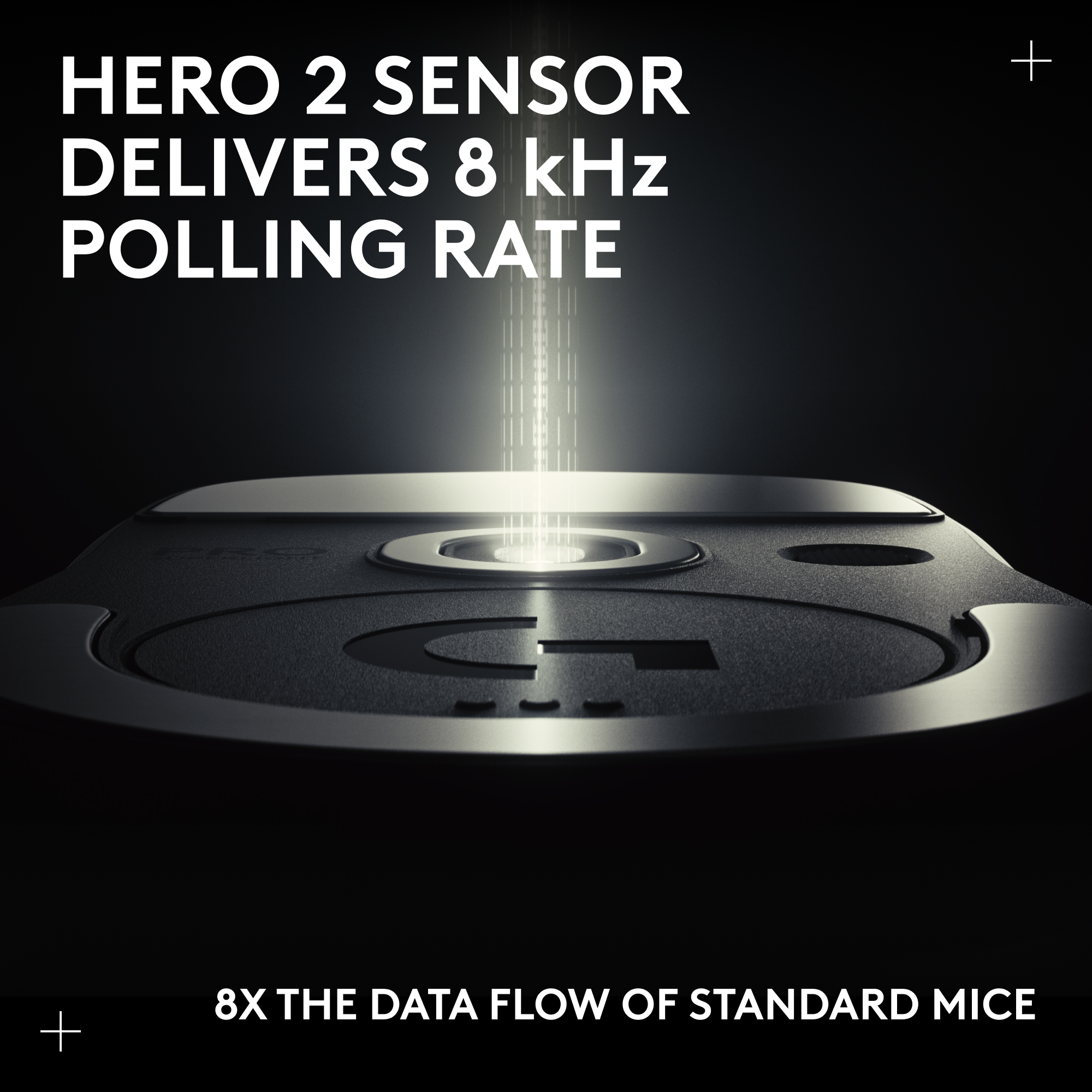 Das Bild zeigt einen Maussensor mit Lichtstrahleffekt. Der Text lautet: HERO 2 Sensor liefert 8 kHz Polling-Rate und 8x Datenfluss.