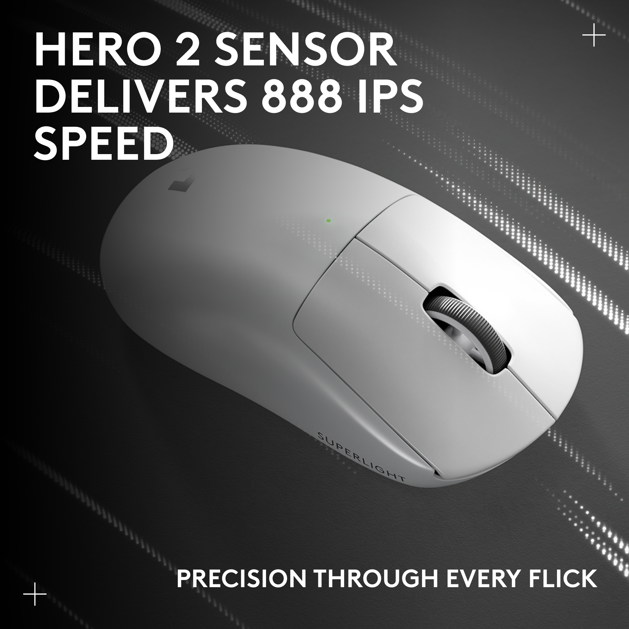 Eine weiße kabellose Maus mit einem Scrollrad auf dunklem Hintergrund. Der Text lautet: „HERO 2 SENSOR DELIVERS 888 IPS SPEED“.