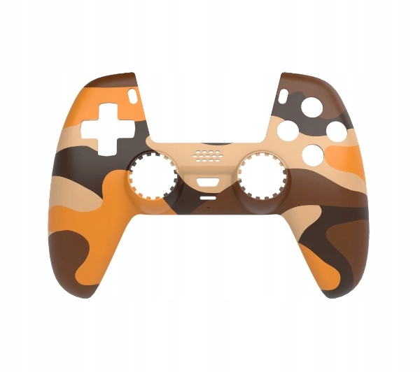 Wzorzysta obudowa kontrolera do gier z pomarańczowym, brązowym i beżowym wzorem kamuflażu, z białym tłem.