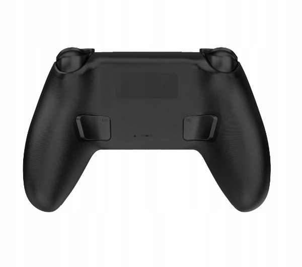 Pokazano tył czarnego kontrolera do gier. Ma dwa górne przyciski, dwa boczne przyciski z oznaczeniami ML i MR oraz port ładowania.