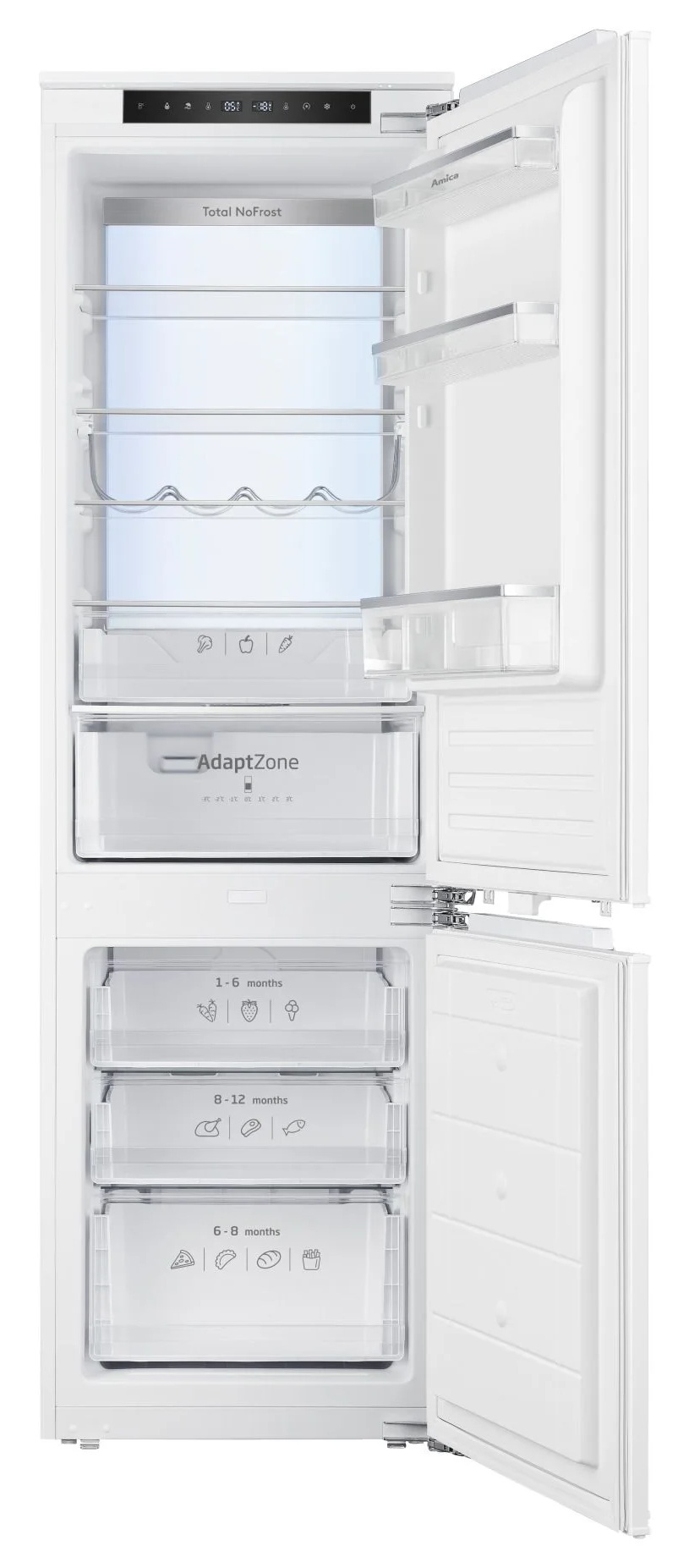 Otwarta biała lodówka z wewnętrznymi półkami i szufladami. Drzwi zamrażarki są otwarte. Widoczne wyświetlacze i ikony.