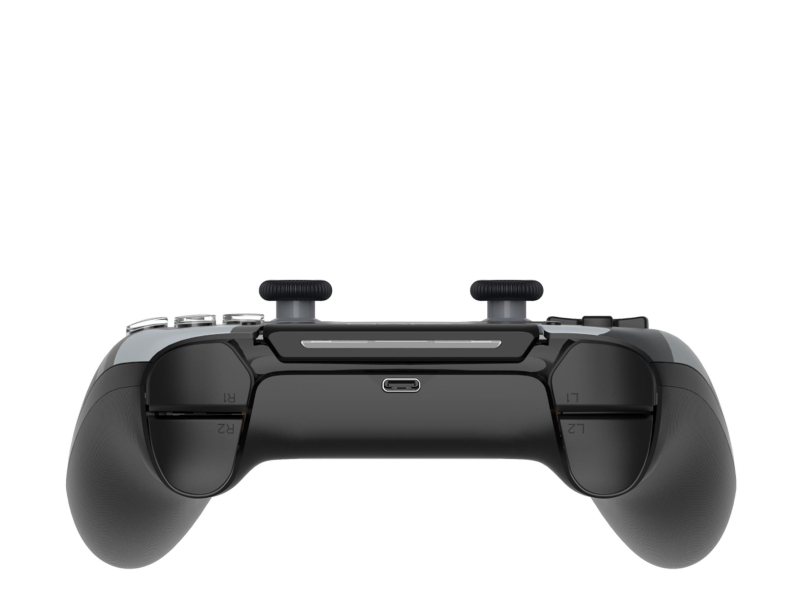 Czarny i szary kontroler do gier z dwoma joystickami, przyciskami, spustami i portem USB-C. Na białym tle.