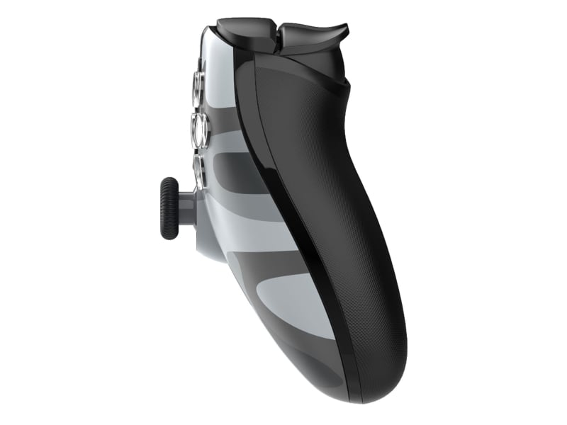 Czarno-biały kontroler do gier. Ma teksturowany uchwyt, przyciski i joystick. Tło jest białe.