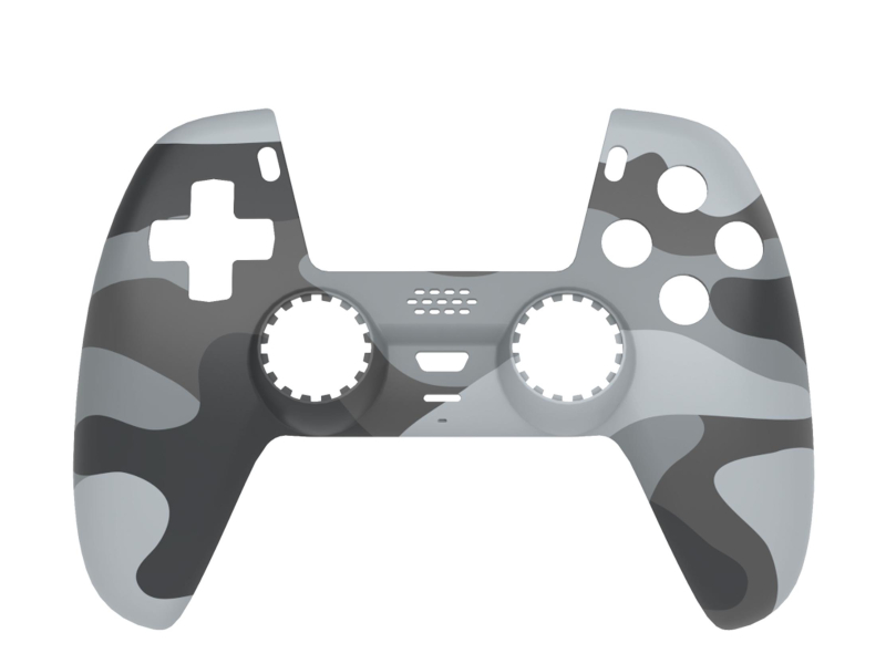Szara obudowa kontrolera w kamuflażu. Posiada wycięcia na przyciski i joysticki. Tło jest białe.