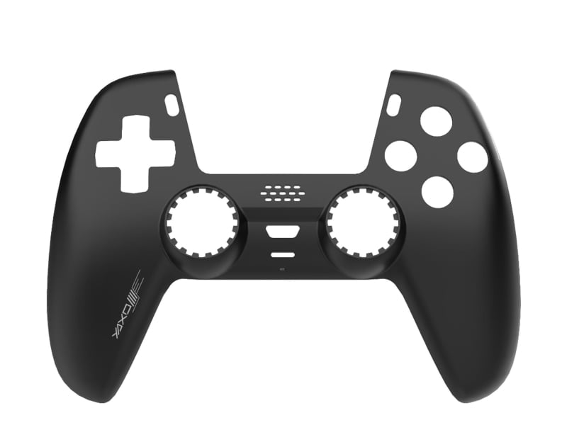 Czarna obudowa kontrolera z wycięciami na przyciski i joysticki. Posiada przycisk w kształcie krzyża, okrągłe przyciski i markę 'YAXO'.