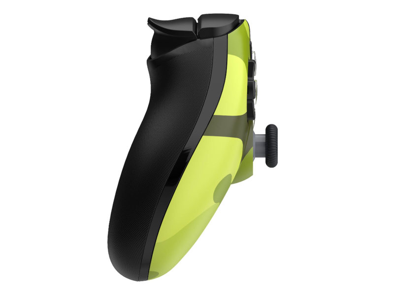 Widok z boku zielono-limonkowego i czarnego kontrolera do gier. Przyciski i joystick są czarne. Tło jest białe.