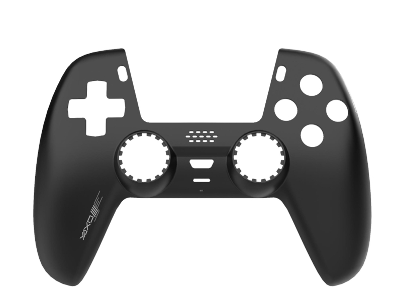 Czarna obudowa kontrolera z białymi wycięciami na przyciski i joysticki. Posiada krzyż, okręgi i wytrawione logo. Izolowane na białym tle.