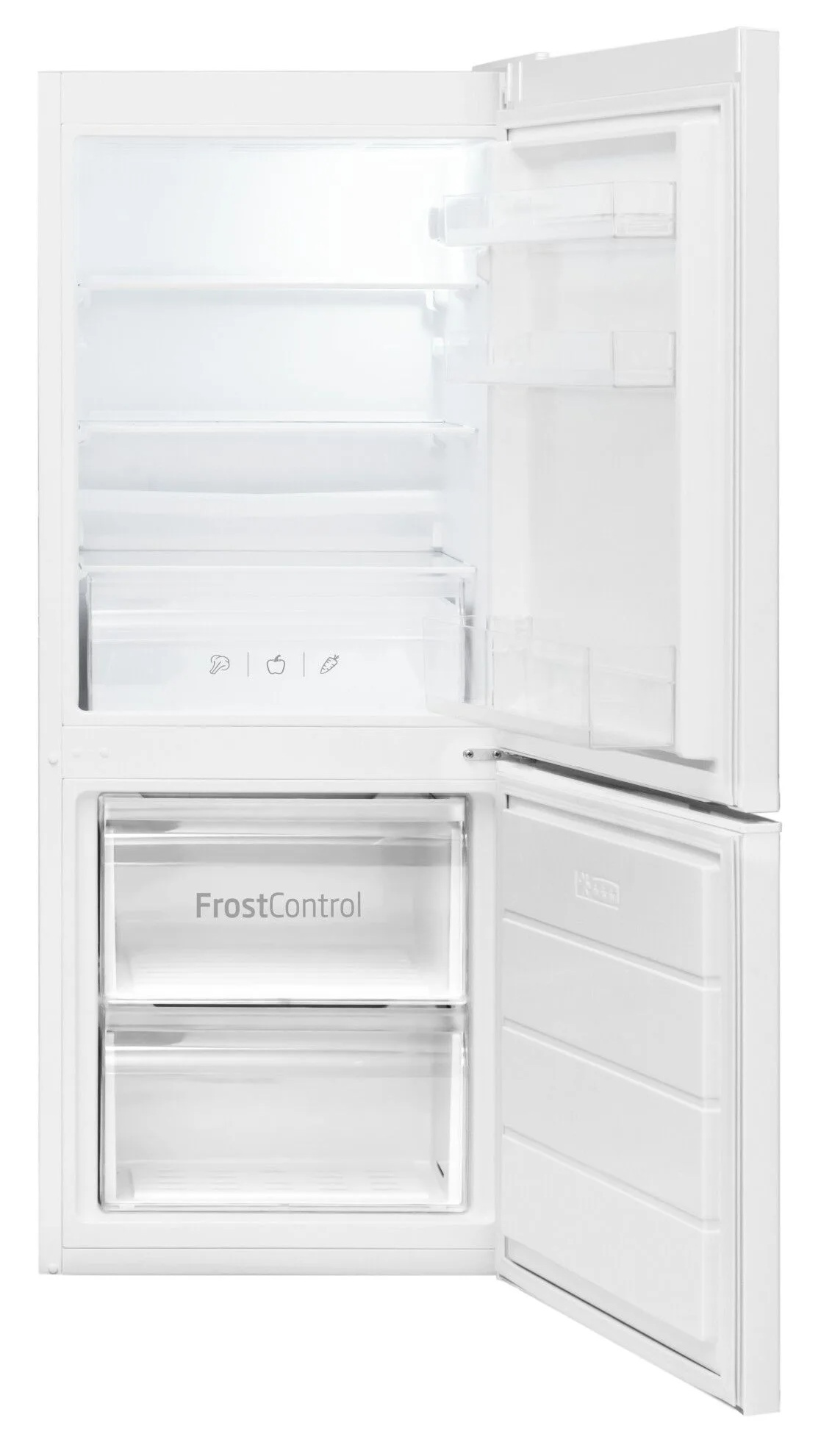 Otwarta biała lodówka z pustymi półkami i szufladami. Widoczny napis FrostControl. Drzwi uchylone.