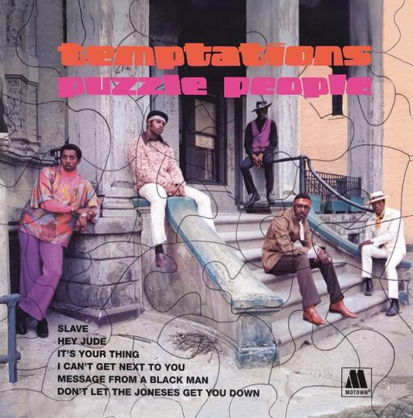 Das Albumcover der Temptations. Fünf Männer in stilvoller Kleidung der 70er Jahre posieren auf Treppen. Der Titel lautet 'Puzzle People'.