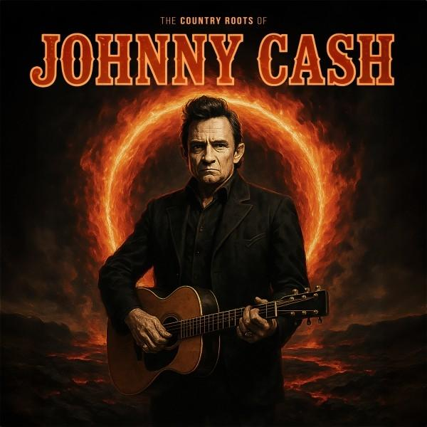 Johnny Cash gitárral, egy tűzgyűrű előtt áll. Cím: The Country Roots of Johnny Cash.
