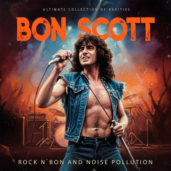 Bon Scott, egy mellkas nélküli férfi farmer mellényben, mikrofonba énekel. Színpadi fények világítják meg. Dobok a háttérben.
