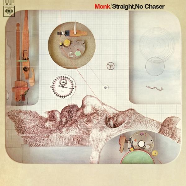 Albumcover mit abstrakter Kunst. Enthält Uhrteile, eine Gesichtskontur und eine grüne Form. Text: Monk/Straight, No Chaser.