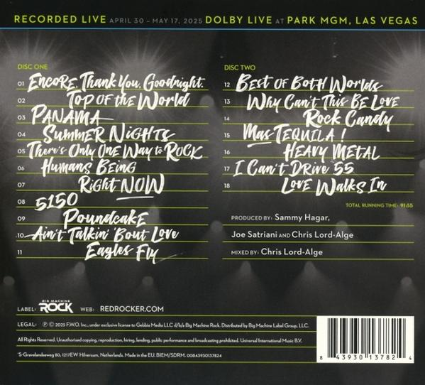 Albumcover listet Songs von einem Konzert im Park MGM in Las Vegas auf. Enthält Songtitel, Credits und Labelinformationen.
