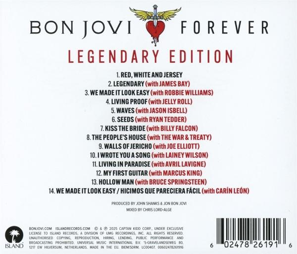 Albumcover: Bon Jovi Forever Legendary Edition. Enthält Titelliste, Logo und Copyright-Informationen. Roter und weißer Text auf weißem Grund.