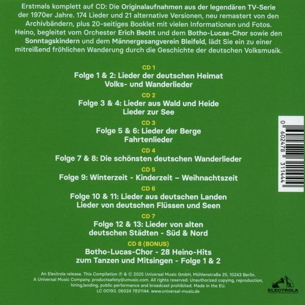 CD-Cover mit Text über deutsche Volkslieder. Enthält Songtitel, Künstlernamen und einen Barcode auf grünem Hintergrund.