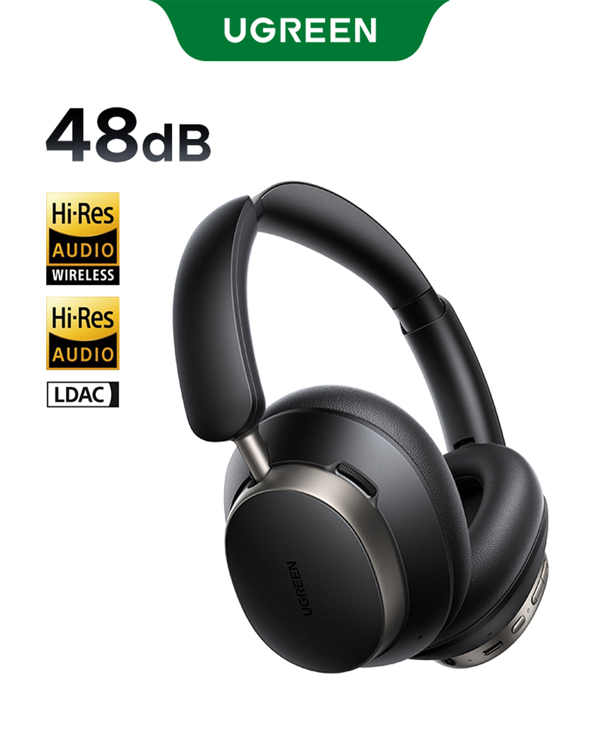 Siyah UGREEN kablosuz kulaklık. 48dB gürültü azaltma, Hi-Res Audio ve LDAC desteği içerir.