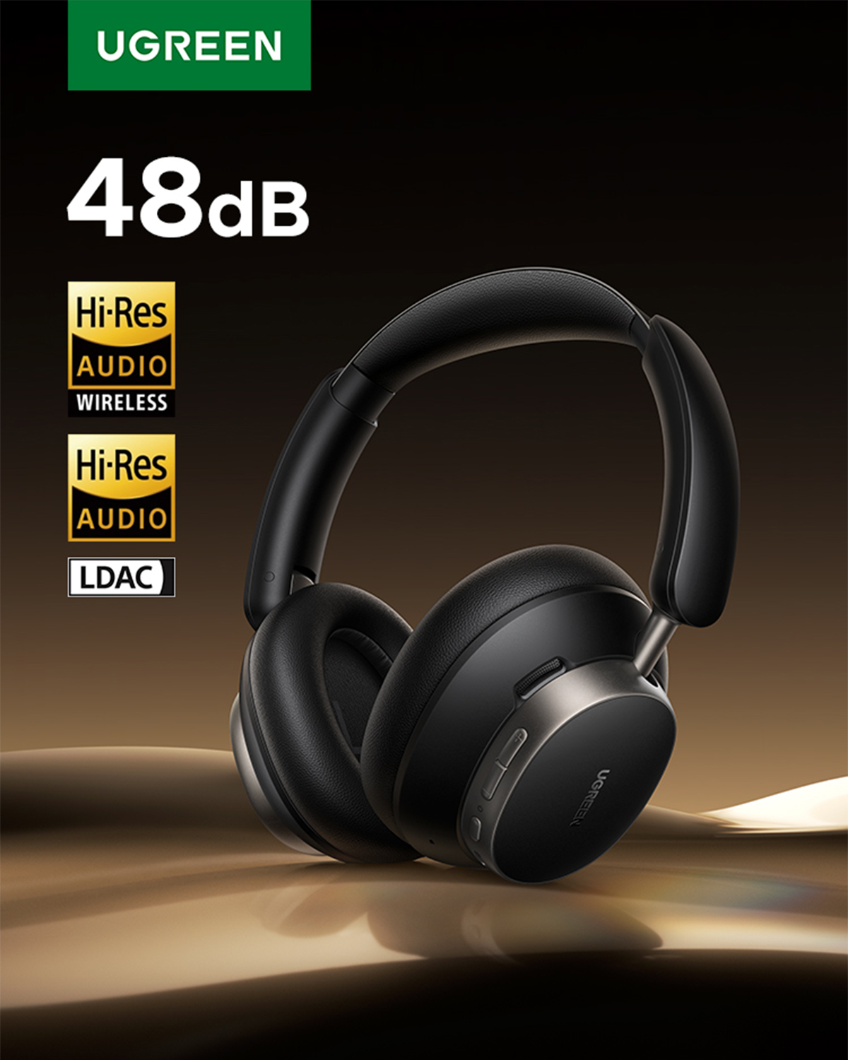 Siyah UGREEN kablosuz kulaklık. Görüntü, Hi-Res Audio ve LDAC logolu bir çift kulak üstü kulaklık içeriyor.