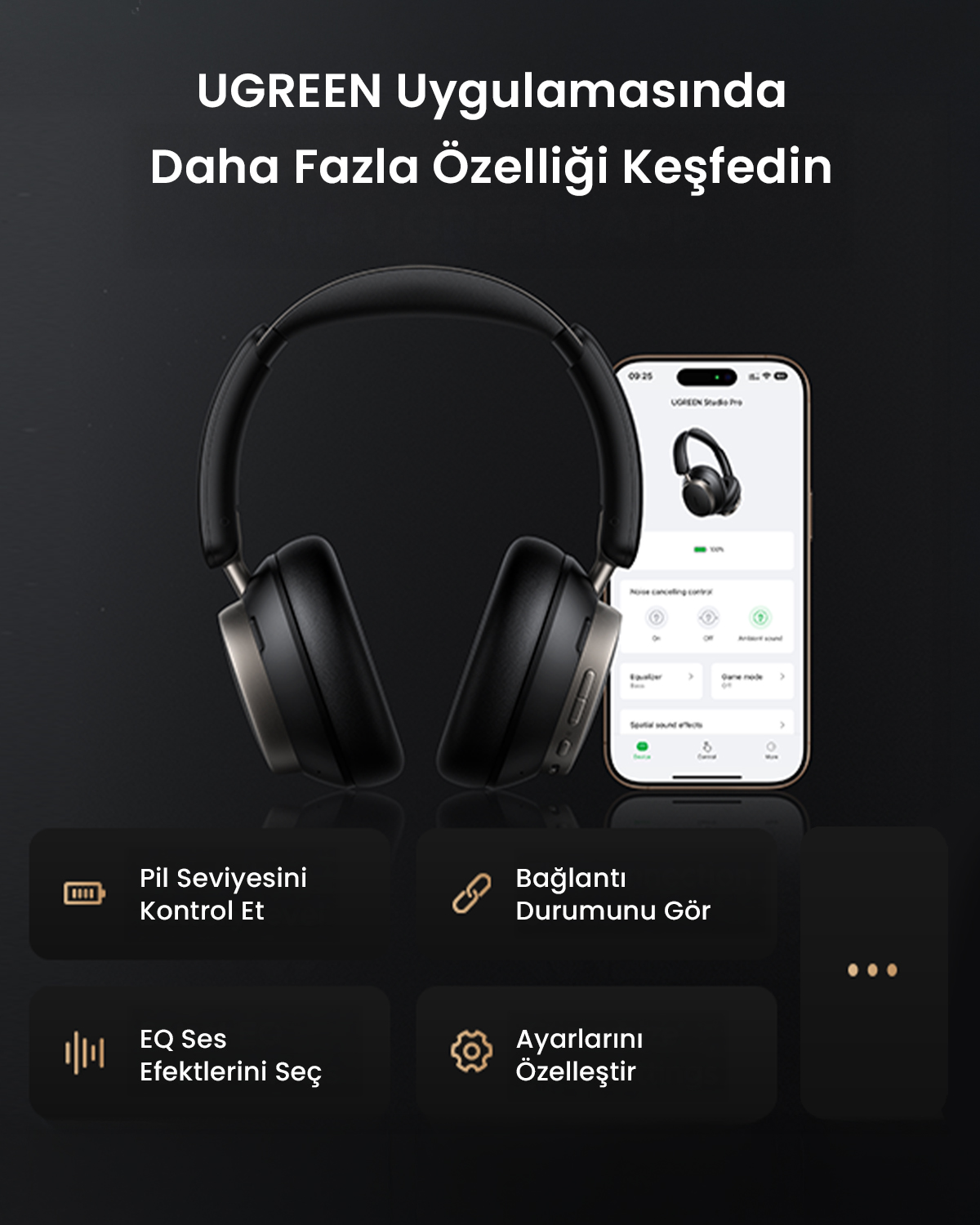 Siyah kulaklık, uygulama özelliklerini gösteren bir telefon ekranı ve UGREEN uygulama özellikleri hakkında metin, karanlık bir arka plan üzerinde.