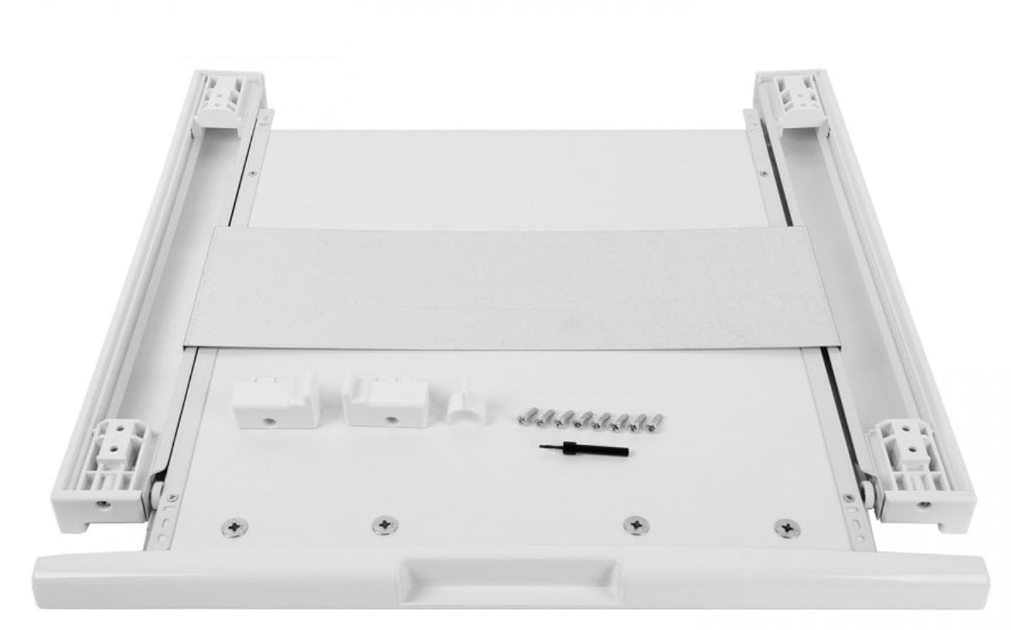 Biała metalowa rama z małymi elementami i śrubami. Części wydają się być do szuflady lub mechanizmu przesuwanego.