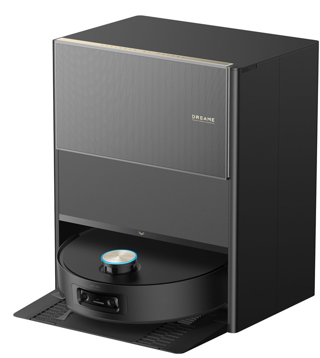 Czarny robot sprzątający Dreame w stacji ładującej. Stacja jest czarno-szara z logo Dreame.