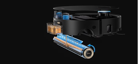 Schemat czarnego robota odkurzacza pokazujący elementy wewnętrzne. Zawiera zbiorniki na wodę, szczotkę i złoty wałek.