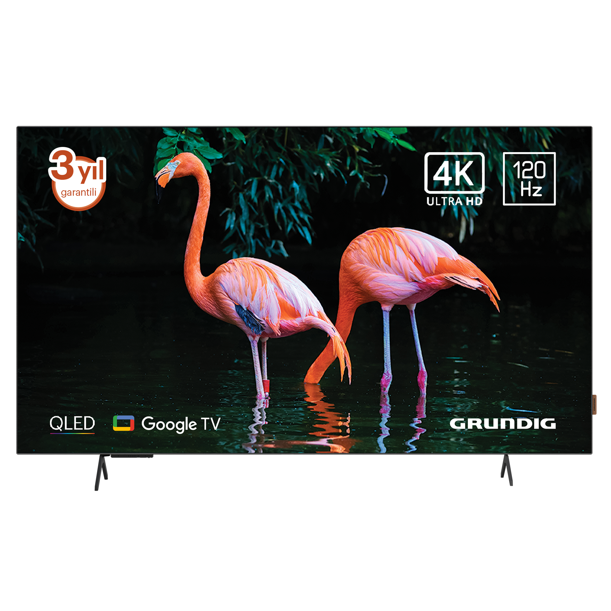 Sudaki flamingolarla TV ekranı. 4K, 120Hz, QLED, Google TV ve Grundig gösterir. 3 yıl garanti.