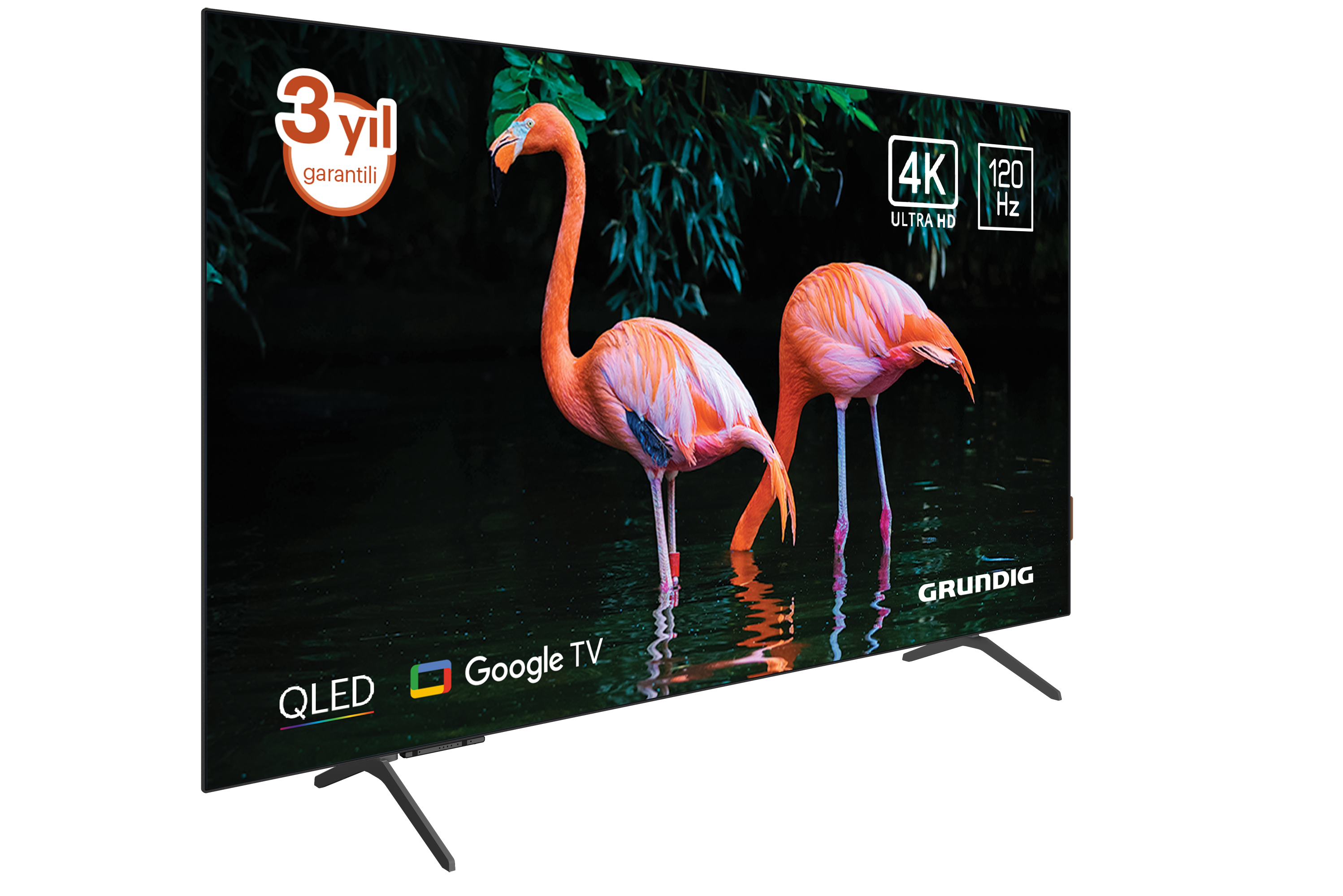 Ekranda flamingolar olan TV. 4K, 120 Hz ve Google TV'ye sahip. 3 yıl garanti logosu.