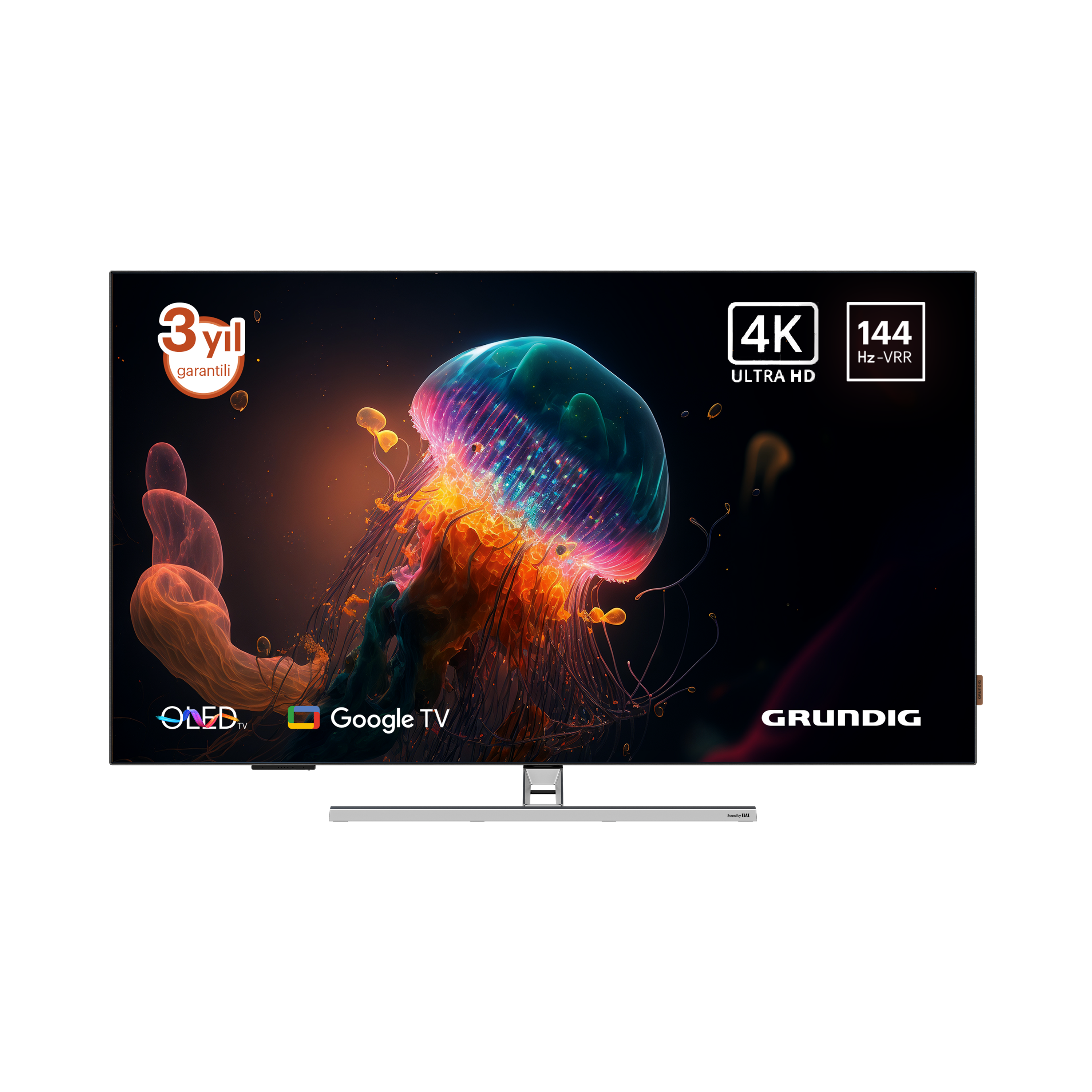 Bir Grundig OLED TV, renkli bir denizanası görüntüsü sergiliyor. 4K, 144Hz-VRR ve 3 yıl garantisi var.
