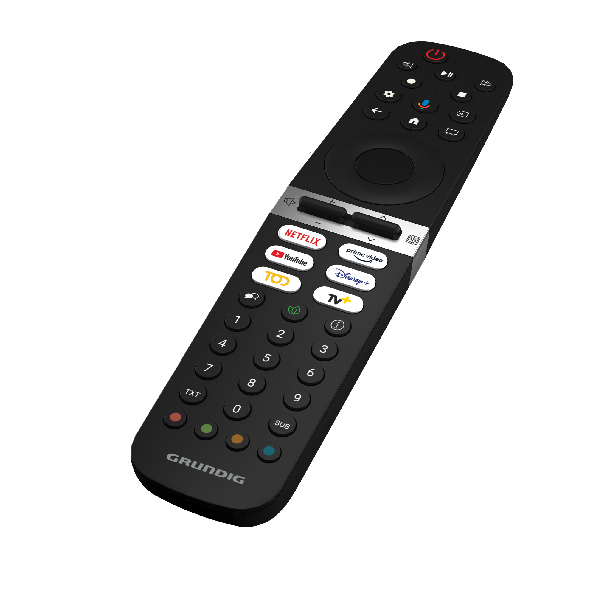 Siyah Grundig TV kumandası, sayılar, yayın hizmetleri ve güç dahil olmak üzere çeşitli düğmelerle.