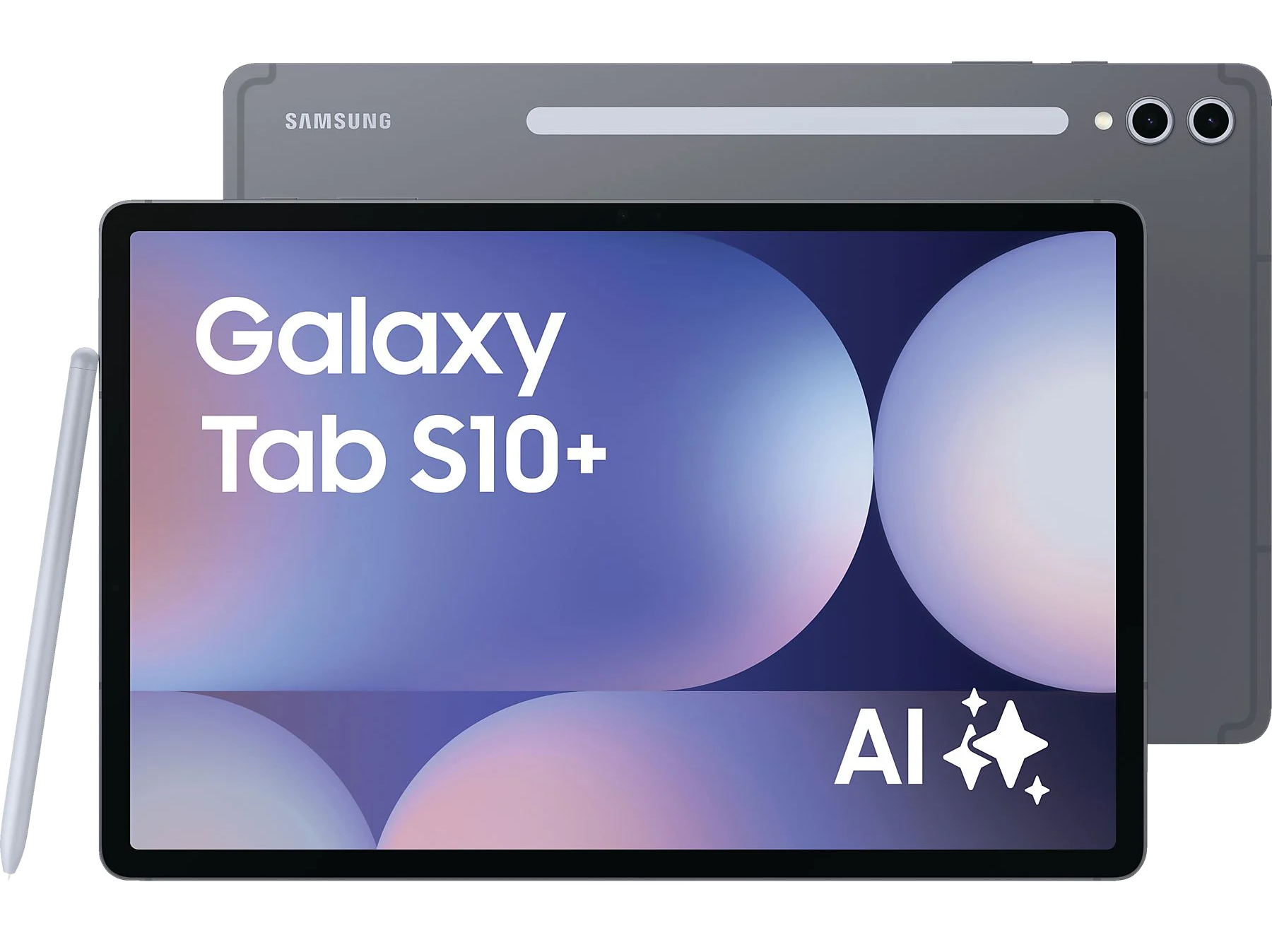 Tablet Samsung Galaxy Tab S10+ z rysikiem. Tablet jest szary z niebiesko-białym ekranem. Słowo AI jest widoczne.