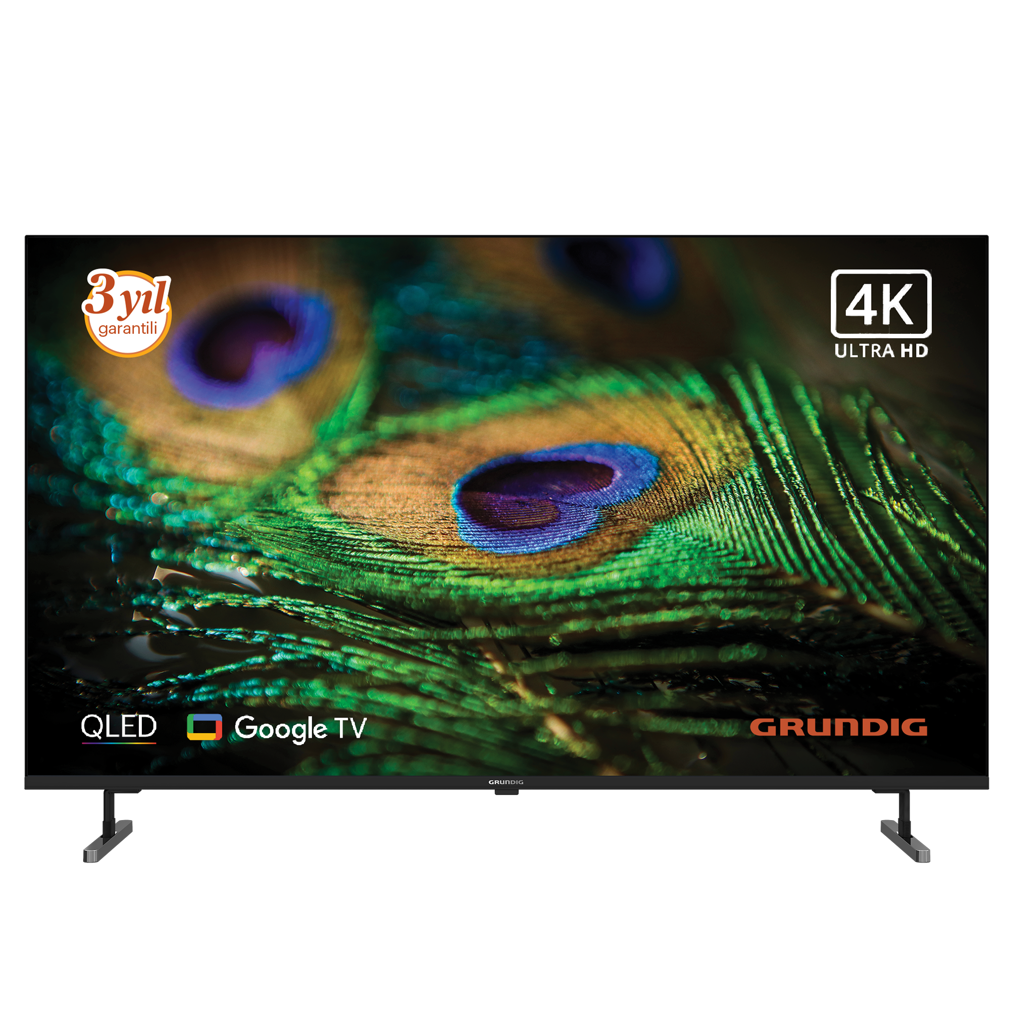 Ekranında tavuskuşu tüyü deseni olan bir Grundig QLED 4K Ultra HD TV. 3 yıl garantisi var.