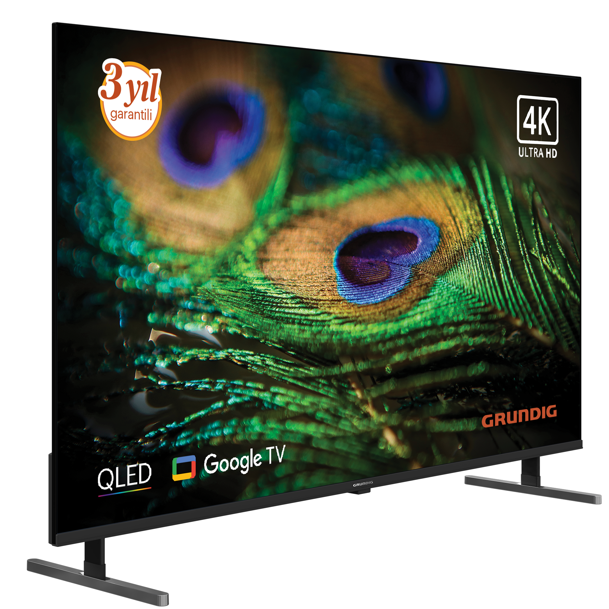 Bir Grundig QLED 4K Ultra HD Google TV. Tavuskuşu tüyü tasarımı. 3 yıl garanti logosu. Siyah çerçeve ve stand.