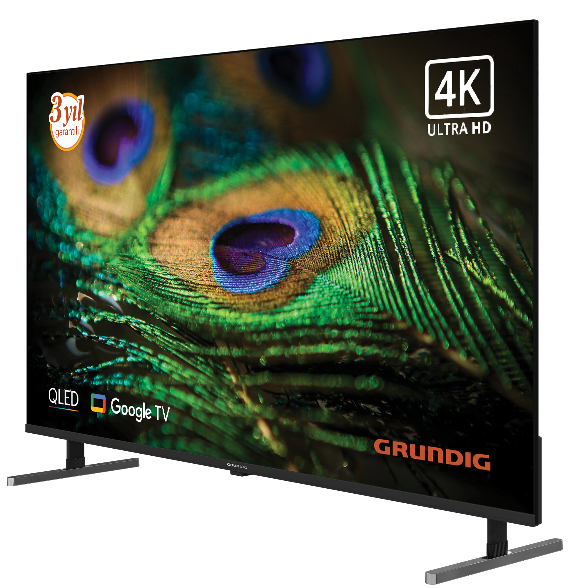 Bir Grundig 4K Ultra HD TV'de bir tavuskuşu tüyü sergileniyor. QLED ekran ve Google TV'ye sahip. 3 yıl garanti.