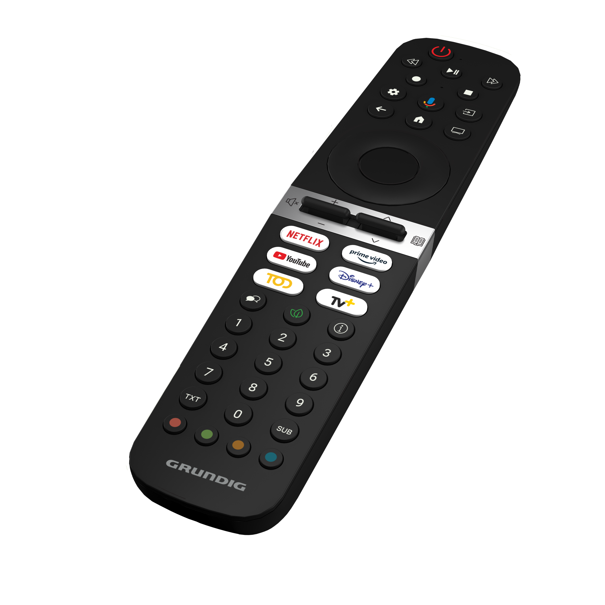 Netflix ve YouTube gibi akış uygulamaları, güç, ses düzeyi için birden fazla düğmesi olan siyah Grundig TV uzaktan kumandası.