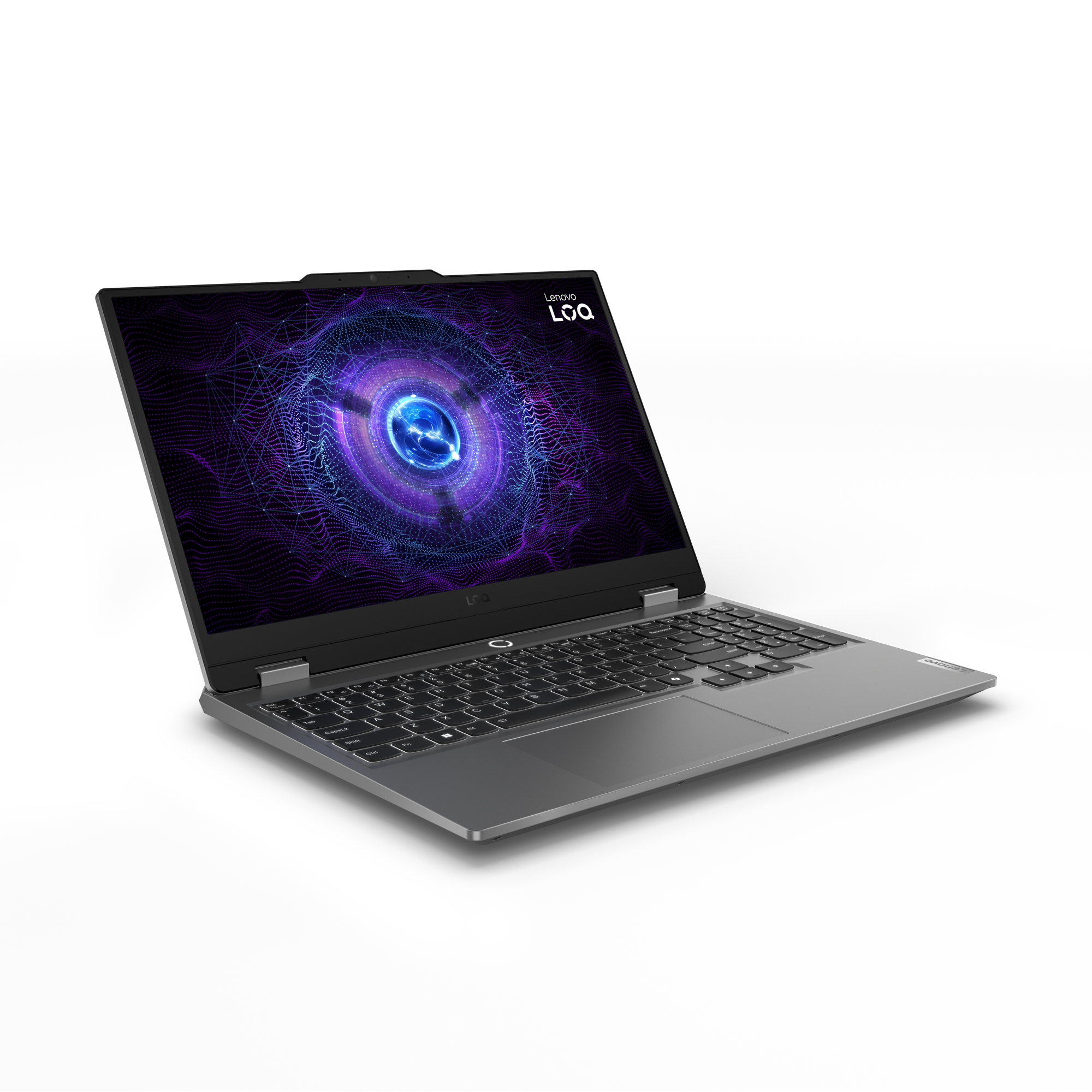 Ekranında mor ve mavi bir tasarım gösteren bir Lenovo dizüstü bilgisayar. Klavye görülebilir ve arka plan siyahtır.