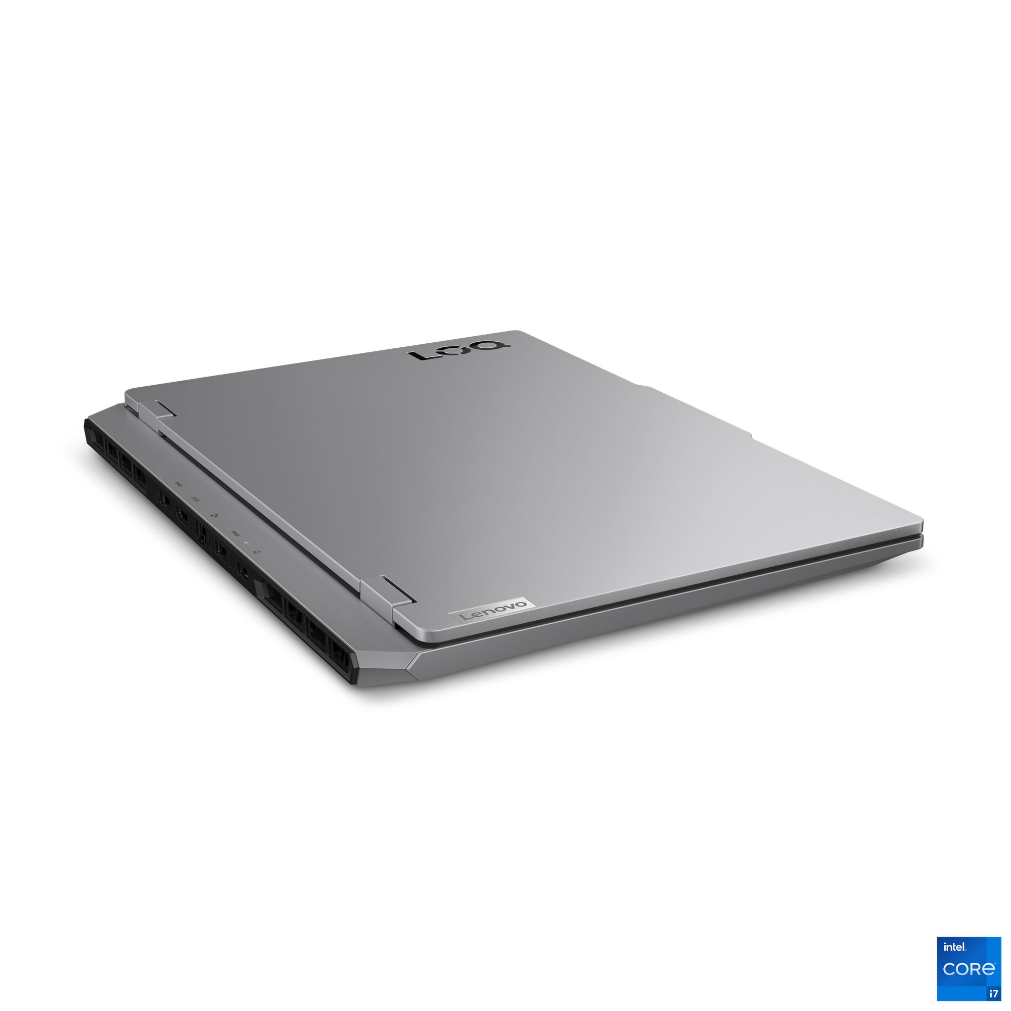 Siyah arka plan üzerinde gümüş Lenovo dizüstü bilgisayar. Üstten görünüm, açık ekranı ve Lenovo logosunu gösterir.