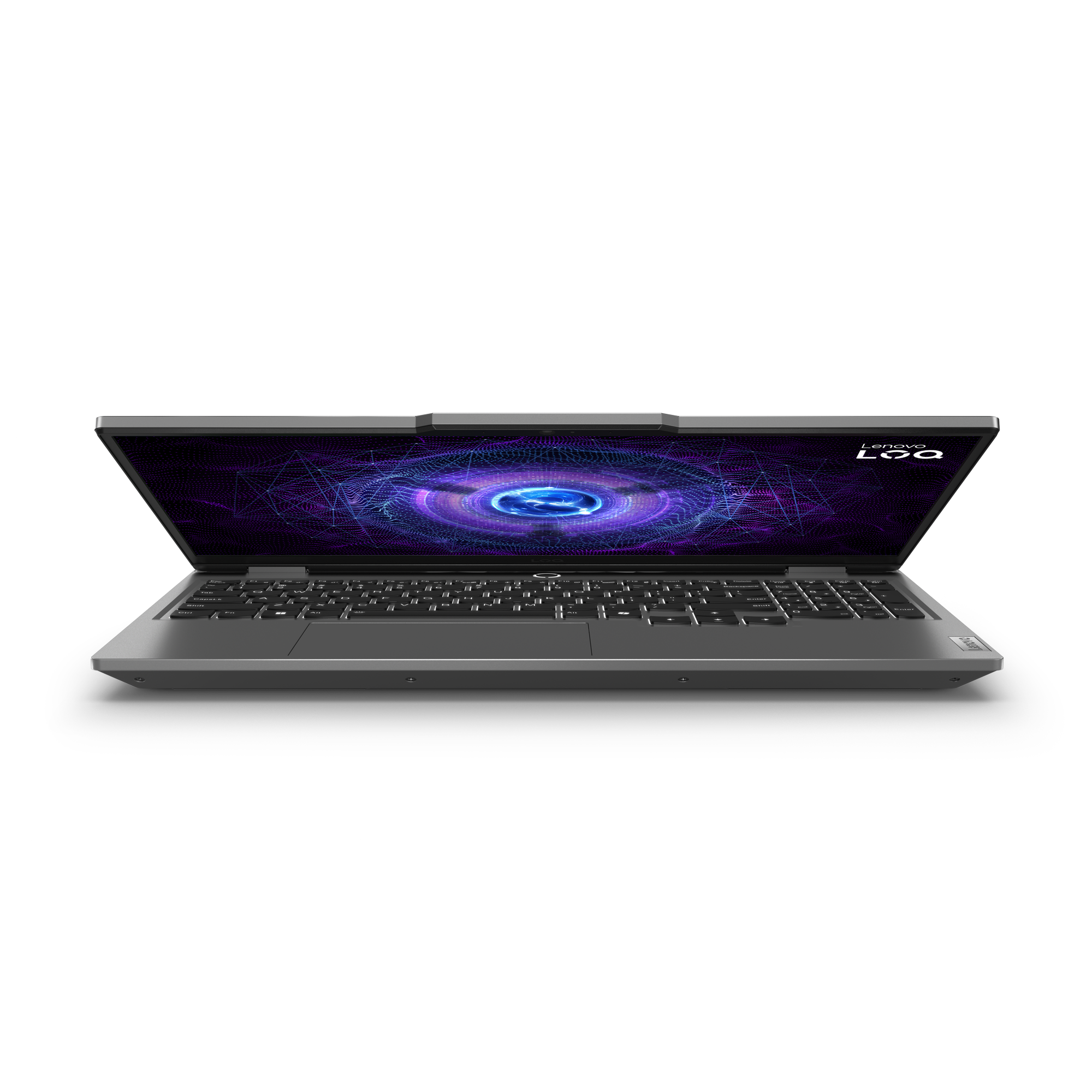 Açık Lenovo LOQ dizüstü bilgisayar. Ekran mor ve mavi tasarım gösteriyor. Klavye ve dokunmatik yüzey görünür.