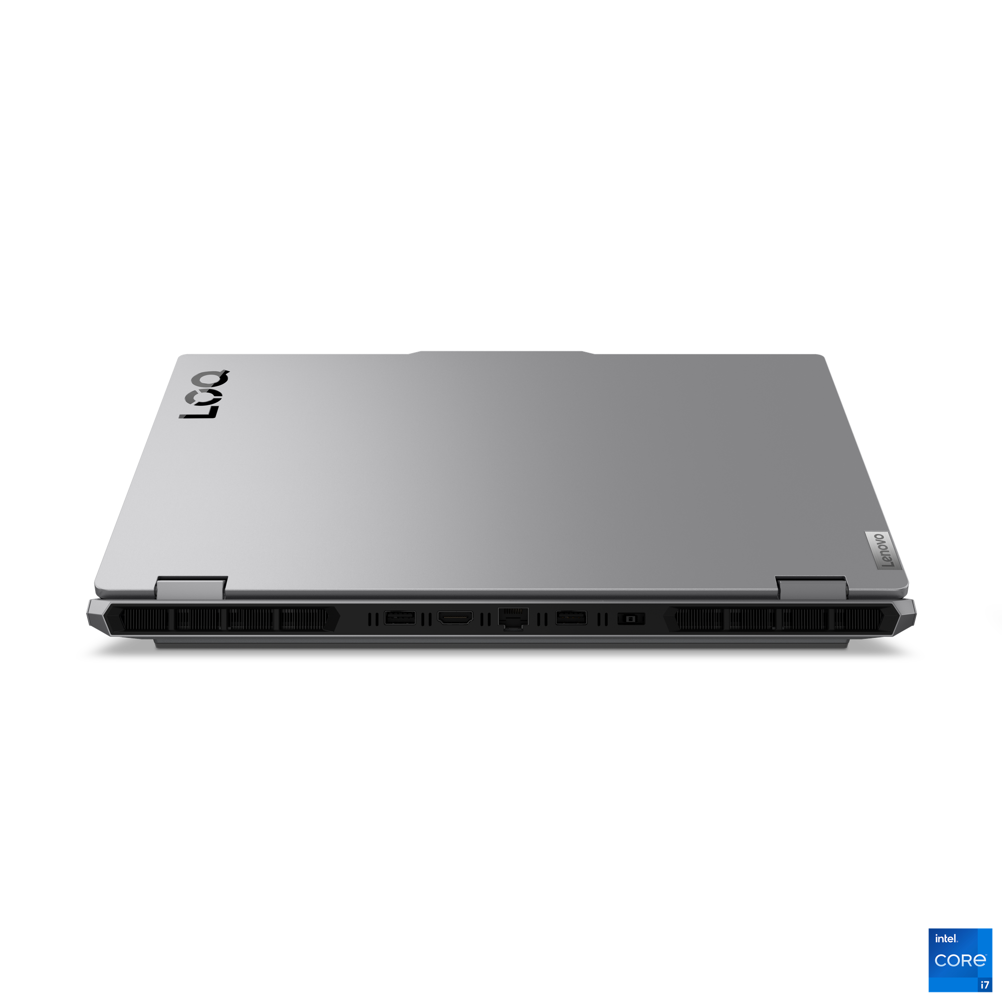 Gümüş dizüstü bilgisayar kapalı, Lenovo. Bağlantı noktaları ile alt kenar. Siyah zemin, Intel Core i7 logosu.