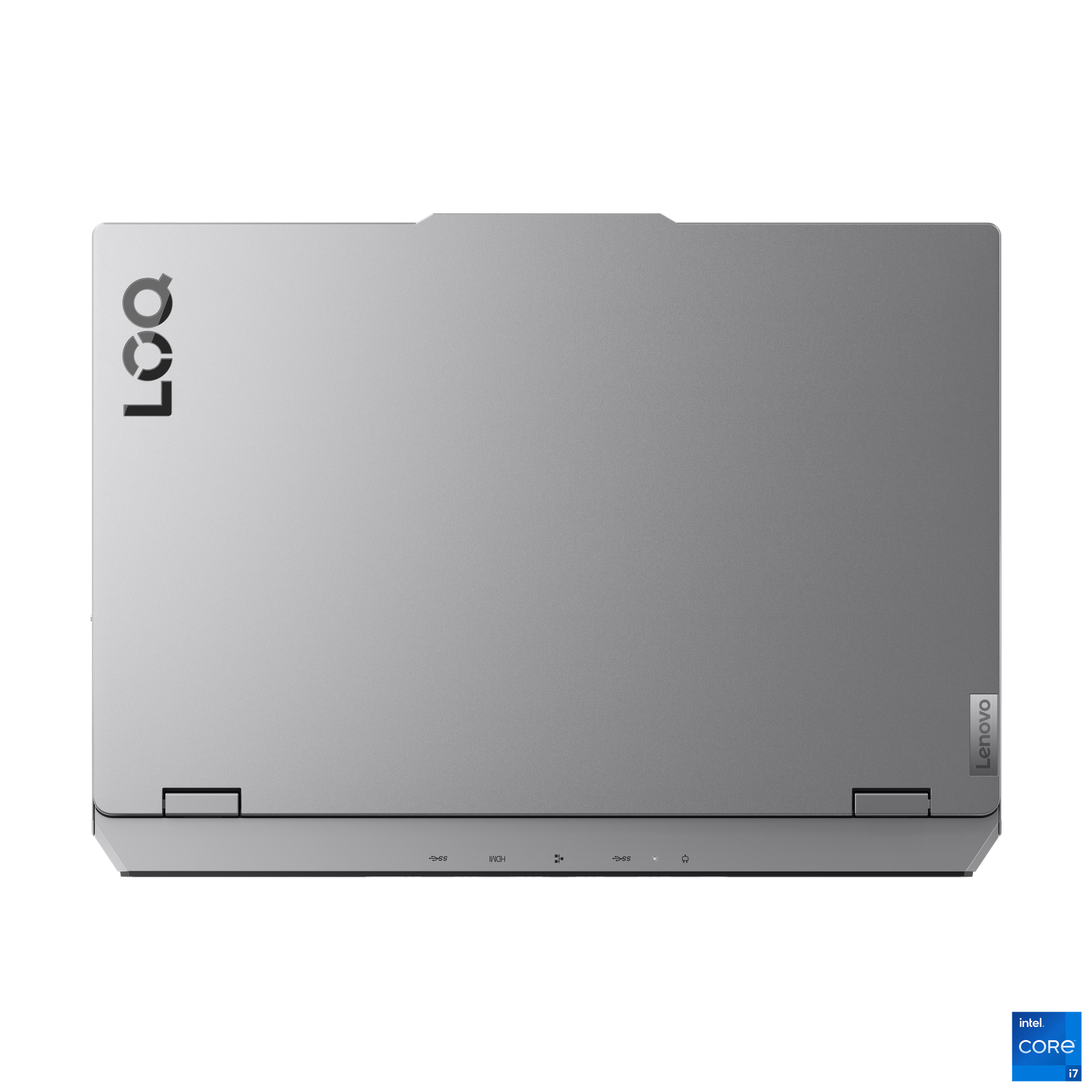 Gümüş renkli bir Lenovo dizüstü bilgisayarın üstten görünümü. Lenovo ve LOQ logoları görünür. Sağda Intel Core i7 etiketi.