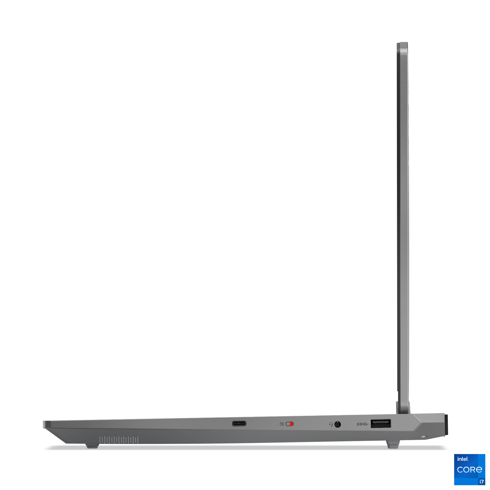 Siyah arka plan üzerinde gri bir dizüstü bilgisayarın yan görünümü. Ekran açık. Intel Core i7 etiketi görünür.