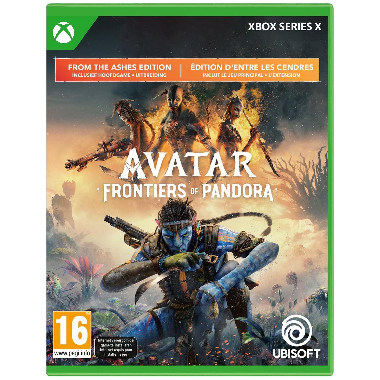 Gamebox art voor Avatar: Frontiers of Pandora. Toont blauwe buitenaardse personages, een jungle-achtergrond en het Xbox Series X-logo.