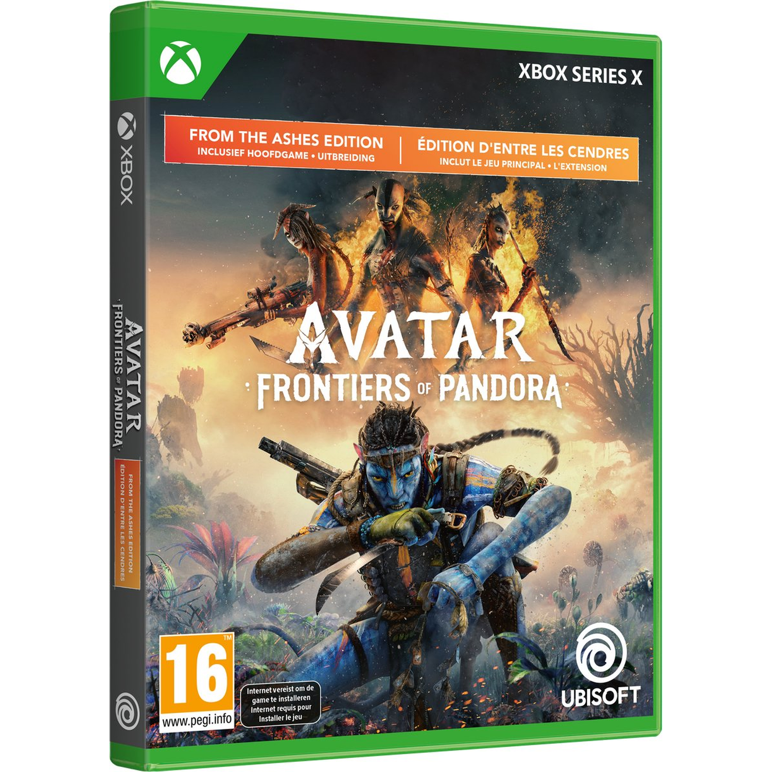 Xbox Series X gamebox voor Avatar: Frontiers of Pandora. Toont Na'vi-personages, titel en Ubisoft-logo. From the Ashes Edition.