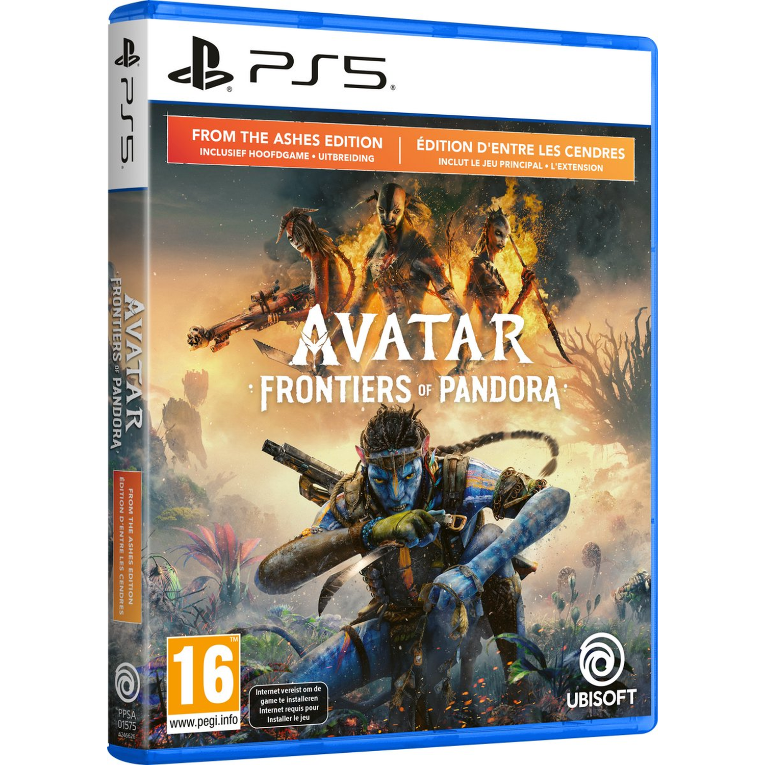 PS5 game box for Avatar: Frontiers of Pandora. It features Na'vi characters and the game's title, with a blue and orange color scheme.