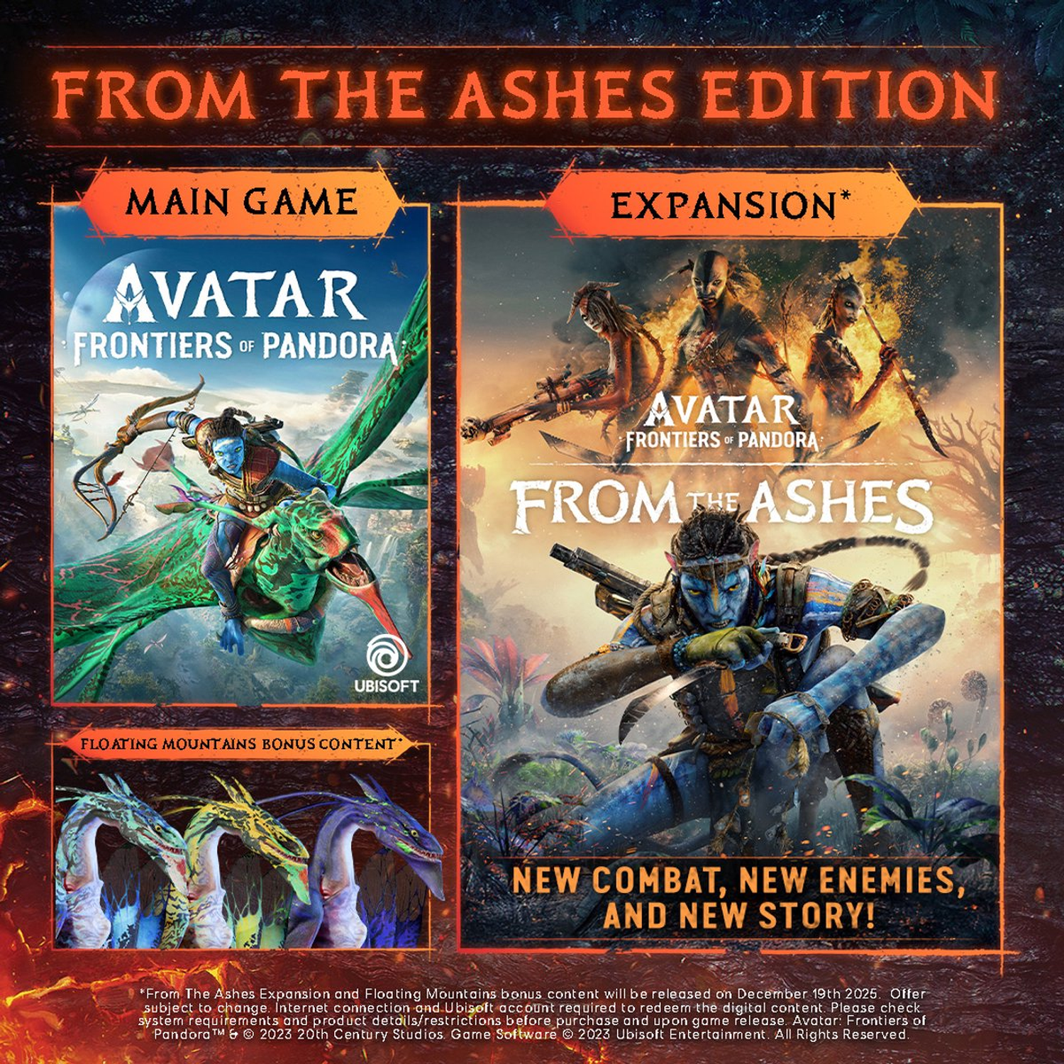 Avatar: Frontiers of Pandora game ad. Displays game art, characters, and text promoting the 'From the Ashes Edition' with bonus content.
