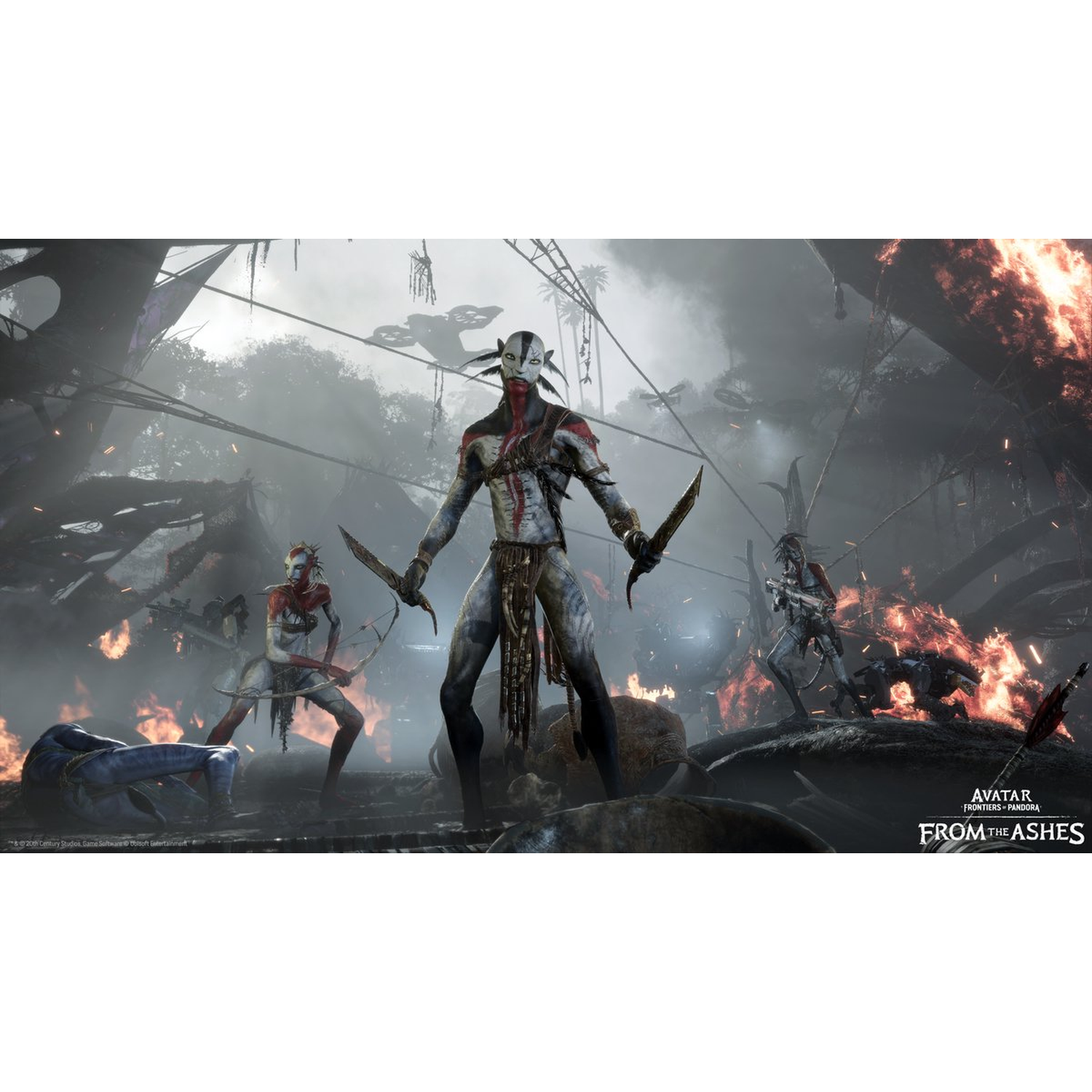 Scene from Avatar game. A warrior with knives stands in a destroyed environment. Other figures fight amidst fire and debris.