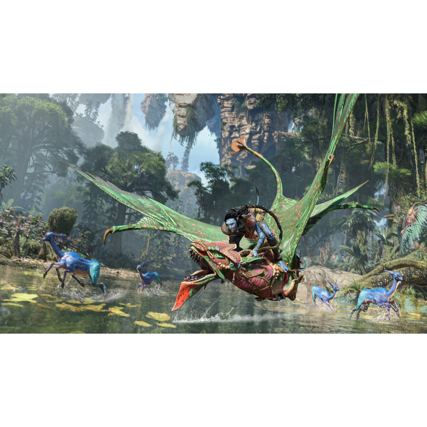 A person rides a green dragon over water. Other blue creatures run in the water. Lush jungle is in the background.